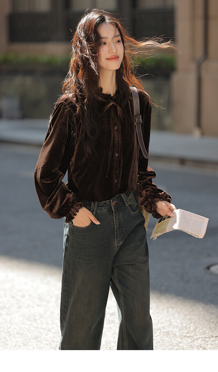 Dme [Retro Elegant Brown Shirt], Spring And Autumn Style, Silk Ribbon Collar, Velvet Blouse for Wome 21