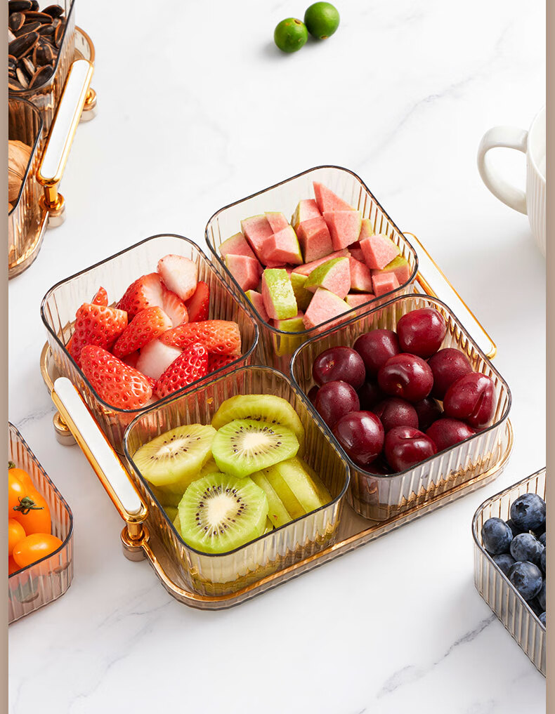 BJ Fruit And Nut Dish with Lid, High-End Divided Plate for Home Use, Candy Snack Luxury Dessert Tray, 6 Compartments, Champagne Color 19