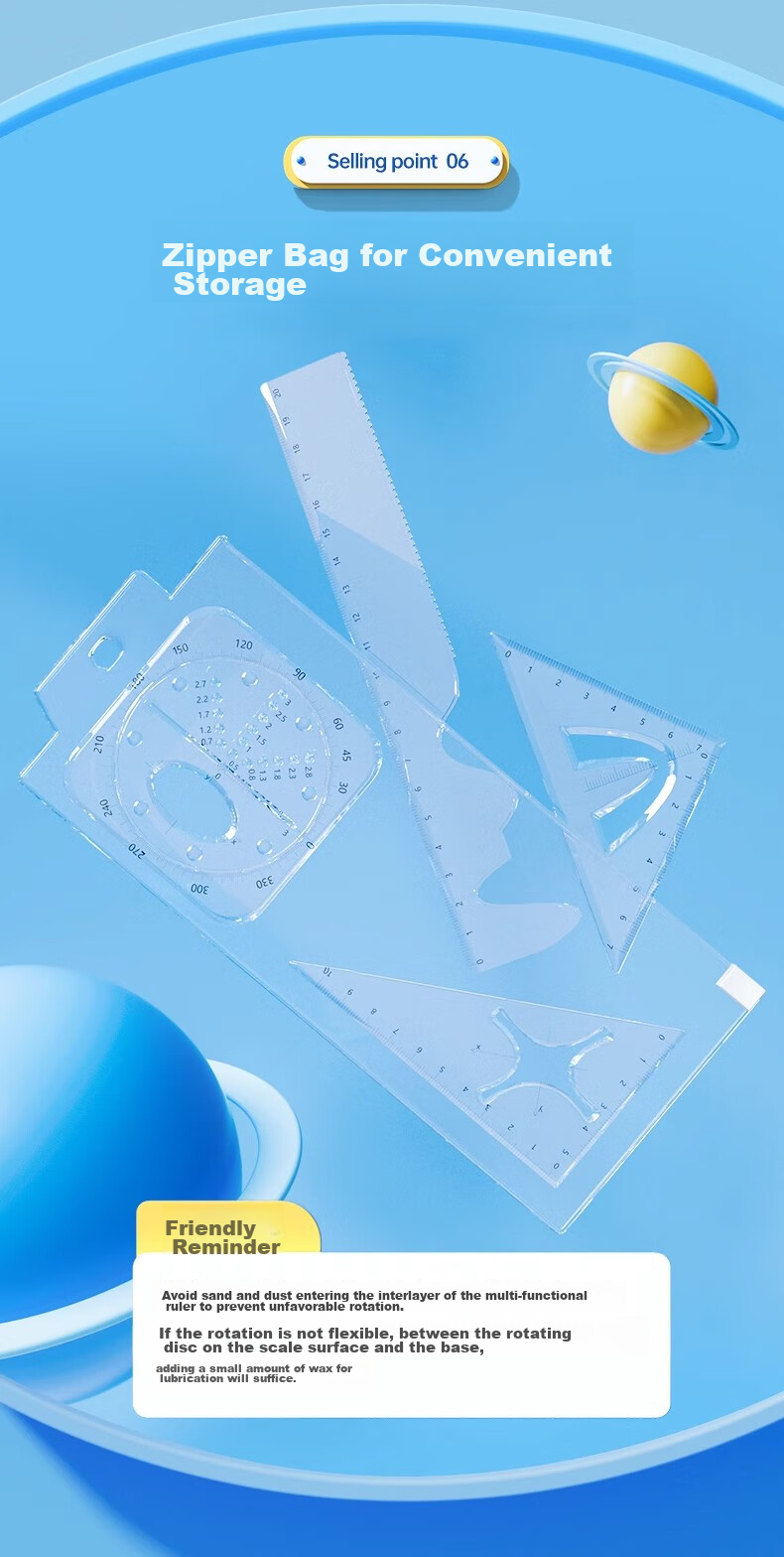 Wusheng Function Ruler Set for Middle And High School Students, Multifunctional Geometric Drawing Ruler, Straight Ruler, Triangle Ruler, Protractor Set, Student-Specific Stationery, Transparent High-Quality Drawing Formula Set 9