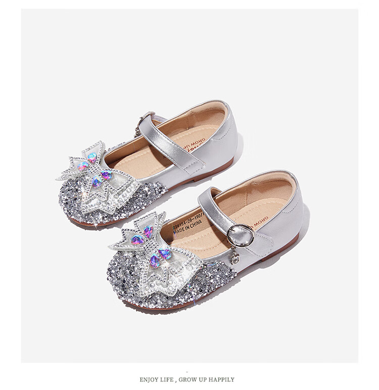 Snoffy Spring Leather Shoes for Girls, Princess Shoes for Older Children, Grit Crystal Shoes, Comfortable Children's Performance Shoes, Moonlight Silver, Size 27 23