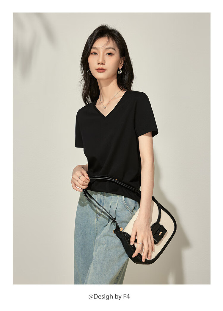 Woodpecker Women's Pure Cotton Short Sleeve T-Shirt Summer V-Neck Loose Fit Slim Solid Color Basic Top Black 4XL 7