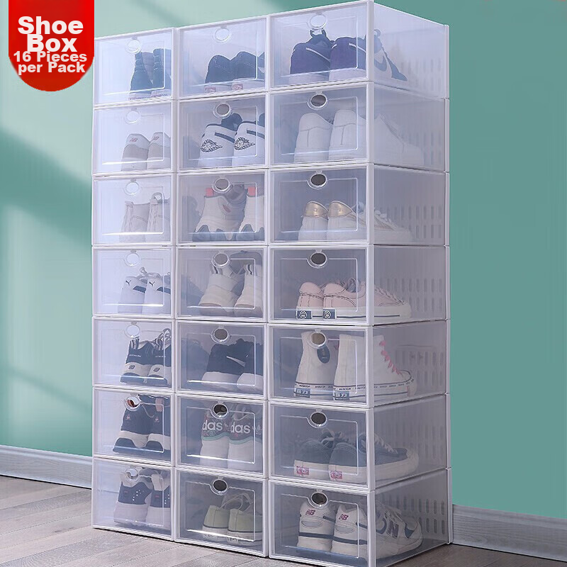 Baicaoyuan Thickened Shoe Box, Transparent Drawer-Style Shoe Storage Box, Shoe Cabinet Storage Box, Simple Shoe Rack, White, 16 Pieces