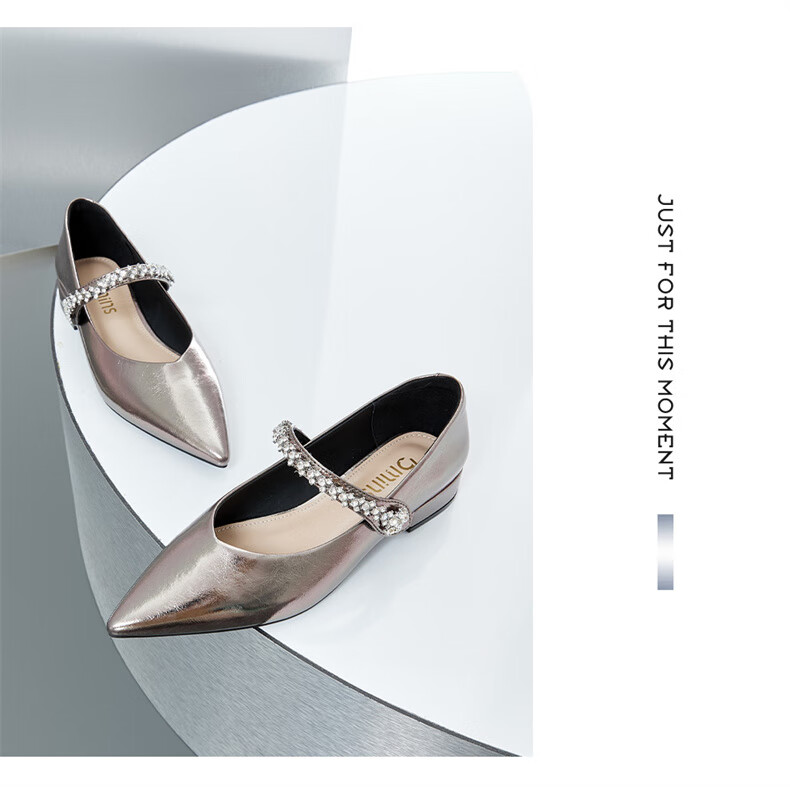 15MINS Pointed Toe Low-Cut Women's Pumps with Chunky Heel, Elegant Leather Shoes, French-Style Professional Work Shoes for Women, Silver, Size 35 14