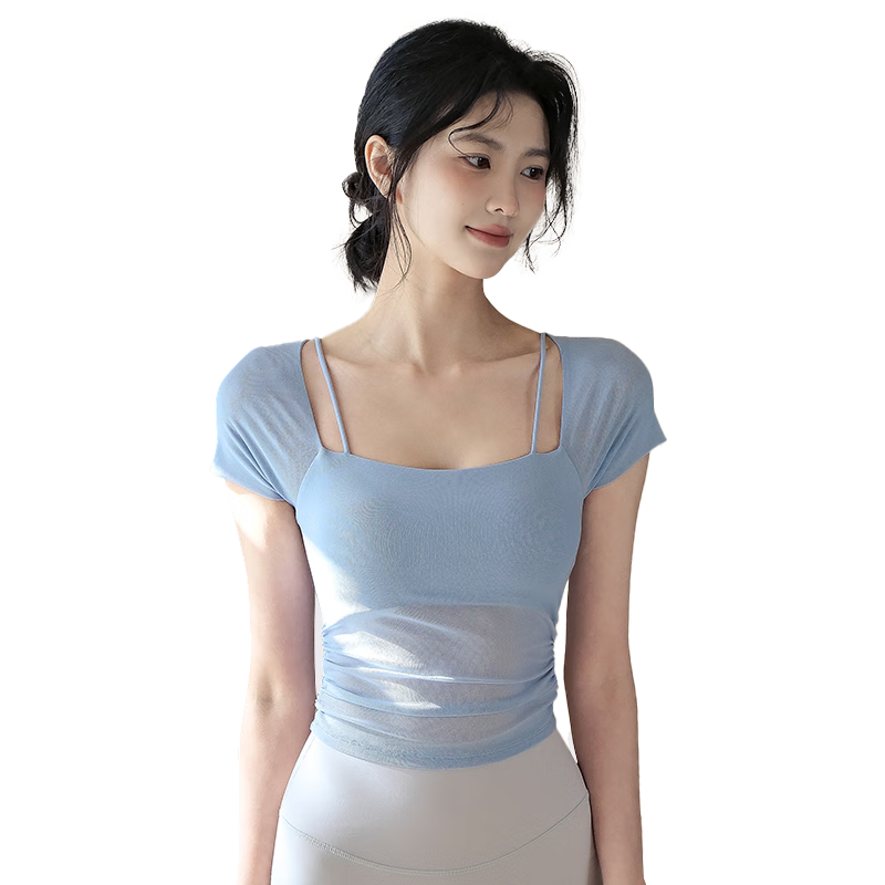 XUEXIMAN Faux Two-Piece Yoga Top for Women, Summer Short Sleeve with Built-In Bra Pads, Pilates Workout Fitness Wear