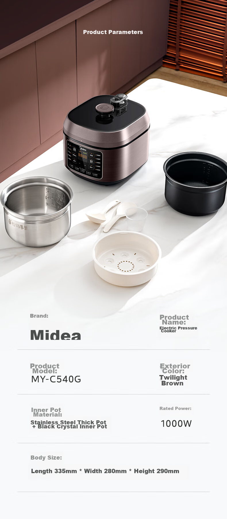 Midea Electric Pressure Cooker, 5L Stainless Steel Inner Pot without Coating, Household High-Pressure Cooker, Multifunctional Smart Lid with Timer, Steam And Boil Separately, Less Salt for Better Flavor, MY-C540G 19
