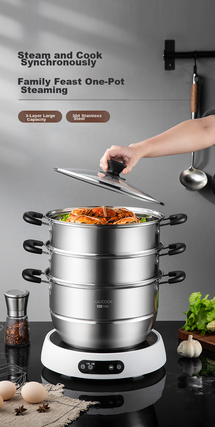 MAXCOOK 304 Stainless Steel Steamer Pot, 26CM Three-Layer Composite Bottom, Compatible with Gas Stove And Induction Cooker 1
