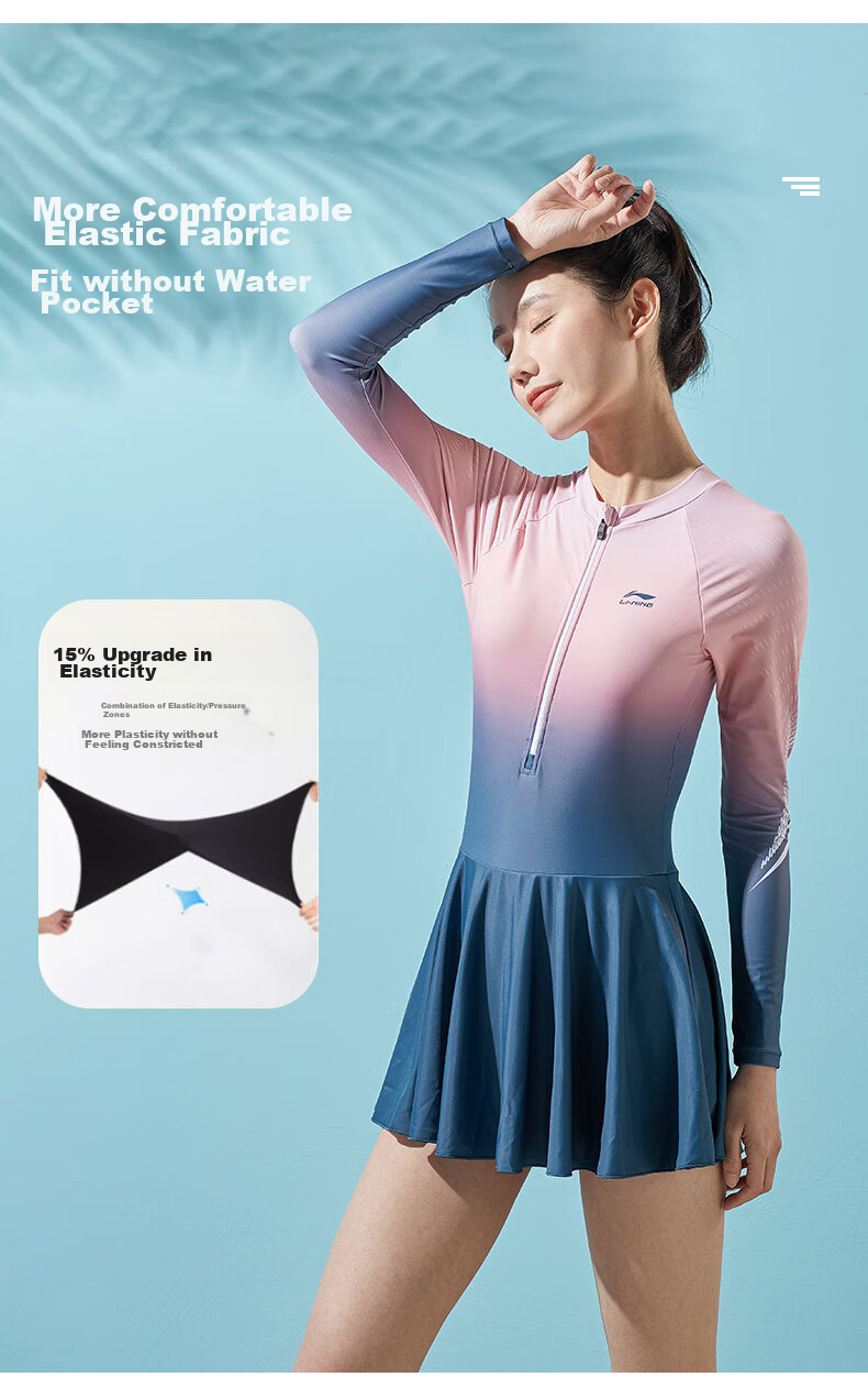 Li-Ning One-Piece Long-Sleeve Dress Swimsuit for Women, Comfortable High-Elasticity Breathable Contrasting Color Hot Spring Resort Swimwear 075 Blue-Red XL 4