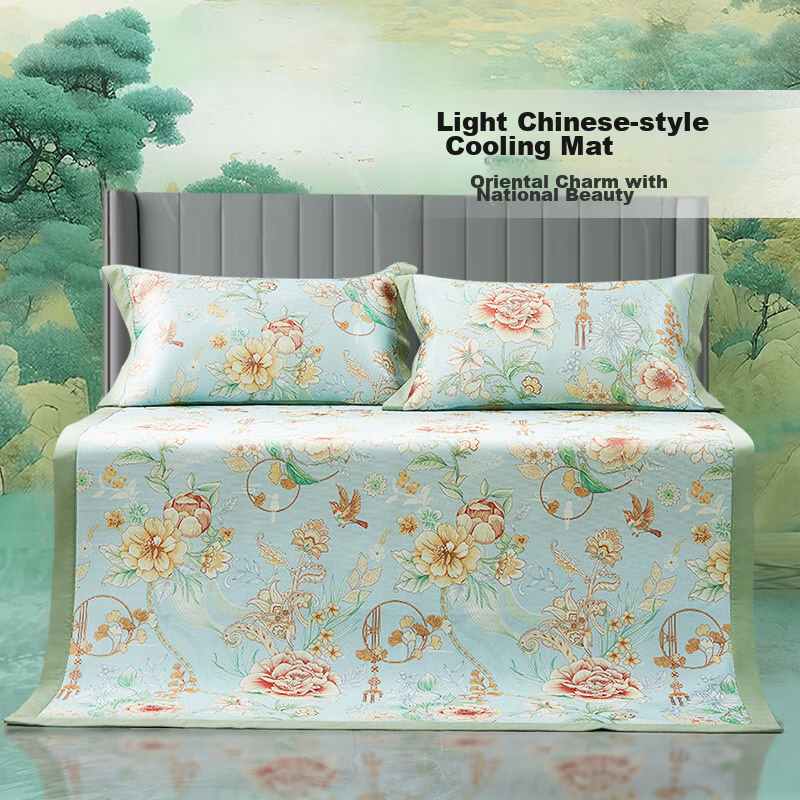 FUANNA Nanzi Ice Silk Cooling Mat with Cool-Feeling Printed Design, Soft Single-Person Two-Piece Set in Blue, 1.2*2 Meters [Washable]