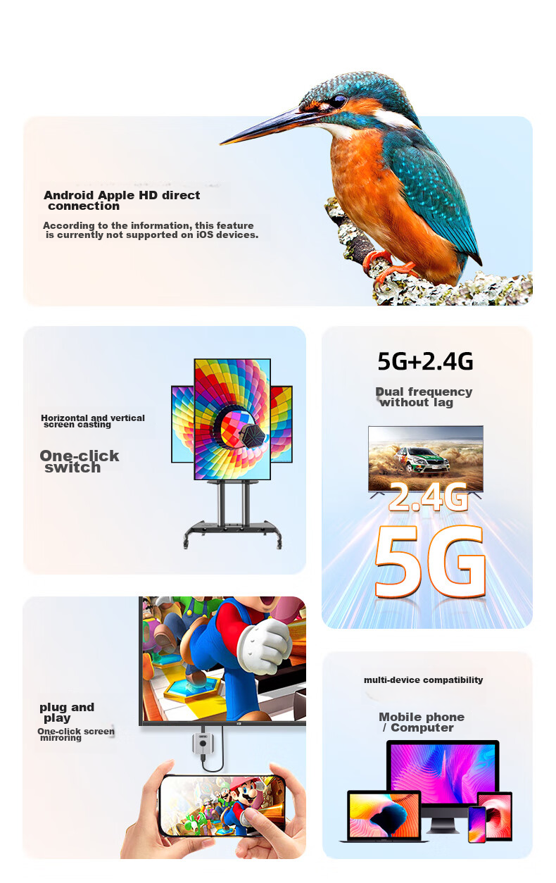 UNITEK Wireless Screen Mirroring Device, HD HDMI Universal 5G Transmission Audio And Video Synchronizer, Supports Apple Huawei Android Phones Direct Connection to Computer Monitor TV Projector 2