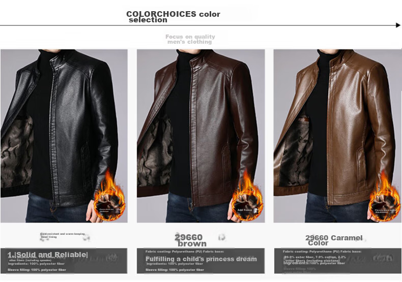 Hengyuanxiang Men's Leather Jacket for Autumn And Winter, Middle-Aged Men's Fleece-Lined Thick Stand-Collar Coat, Warm Leather Jacket for Middle-Aged And Elderly Men's Outerwear 12