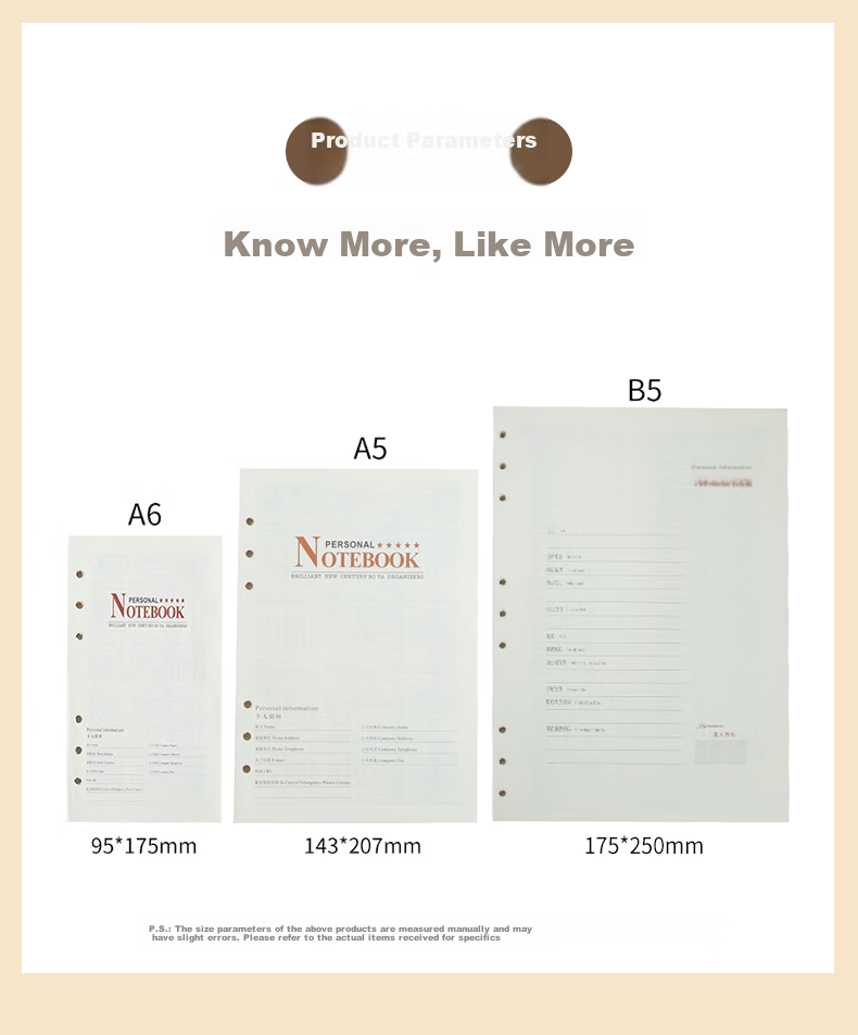 TENGXIONG A5 Loose-Leaf Paper Refill Notebook, 6-Hole Detachable Inner Pages for Error Correction Book, Replacement Core Student Practice Draft Paper with Ruled Lines, Office Memo Pad Customizable Inner Pages 2