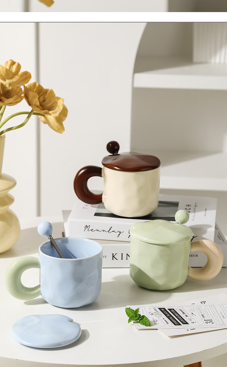 JIWUSENLIN Ceramic Mug with Spoon And Lid, Coffee Cup, Couple's Tea Cup, Dishwasher Safe, Yellow, 420ml 11