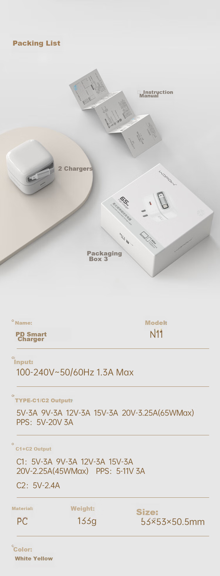 WOPOW [Built-In Retractable Cable] 65W GaN Desktop Charger, Multi-Port PD Fast Charging, Low Temperature Operation without Heating, Suitable for Apple Huawei Xiaomi Android Laptops, White 10
