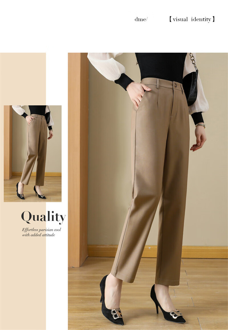 Dme Cropped Pants for Spring And Autumn, New Straight-Leg Suit Pants with Fake Pockets, Casual Trousers for Women, Khaki, S 48