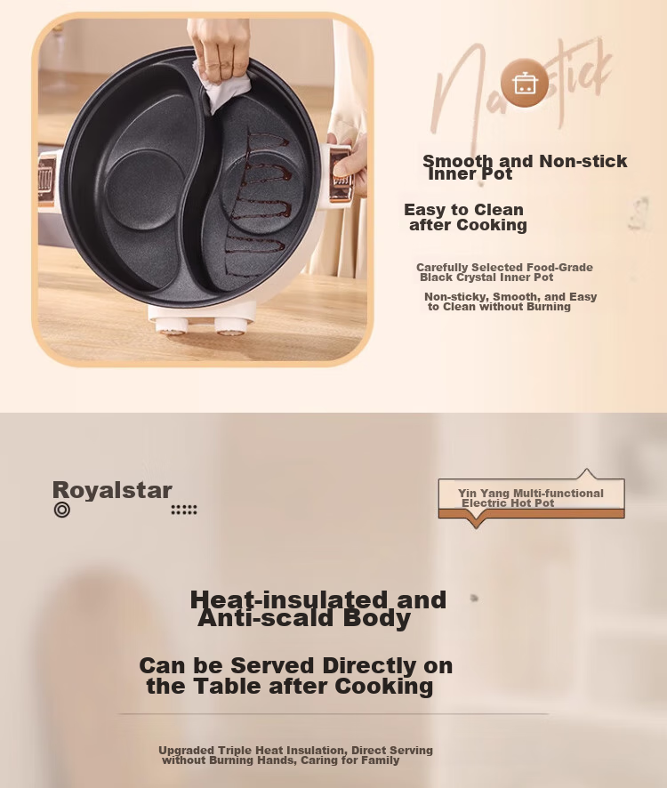 Royalstar Dual-Sided Electric Hot Pot And Wok, Multi-Functional Home Cooking Appliance, All-In Grill, Stir-Fry And Boil Function, 6L Large Capacity Non-Stick Electric Cooker RHG-136B(Y) 18