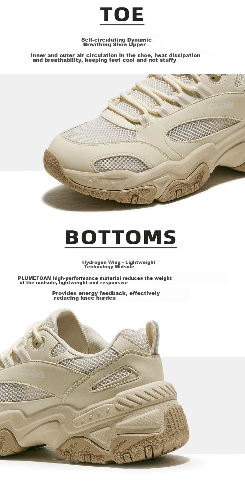 CAMEL Retro Dad Sneakers Women's Thick Sole Height Increasing Casual Sports Shoes X24B09L7009 Cloud Mist White/Light Brown Size 35 49