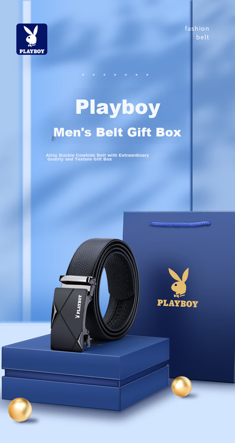 PLAYBOY Gift Box Belt, Men's Top-Grain Leather Automatic Buckle Genuine Leather Waistband Practical Trouser Belt, Birthday Gift for Boyfriend Or Father 1
