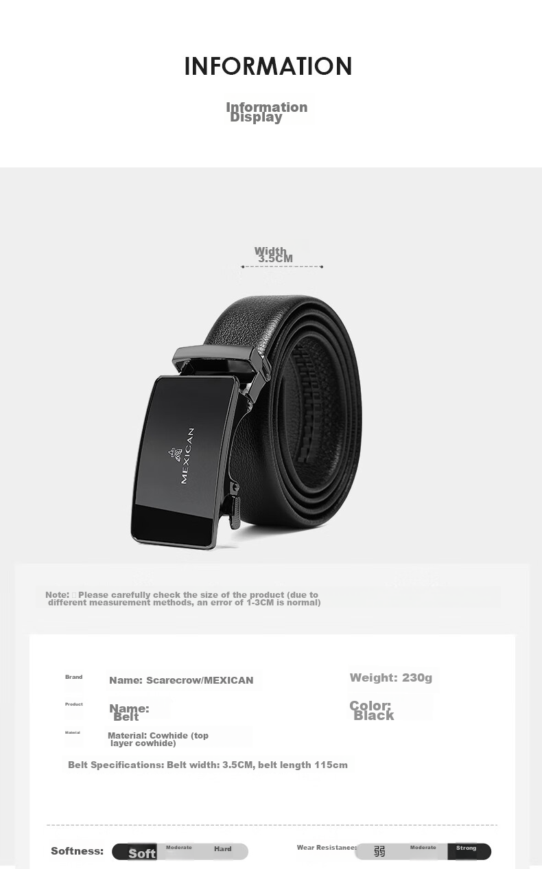 MEXICAN Men's Leather Belt with Automatic Buckle, Genuine Top-Grain Cowhide Business Waistband Casual Trouser Belt Birthday Gift for Men And Fathers 11