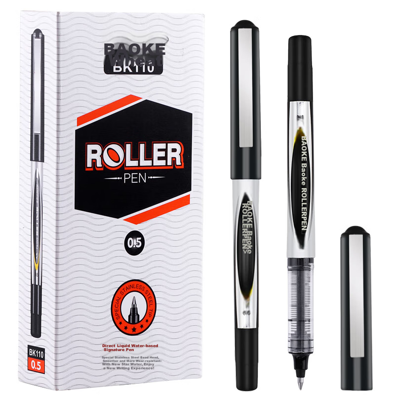 BAOKE BK110 0.5mm Black Rollerball Pen with Bullet Tip for Students' Exams, Gel Ink Pen, Signature Pen, Liquid Ink Pen, 12 Pens/Box