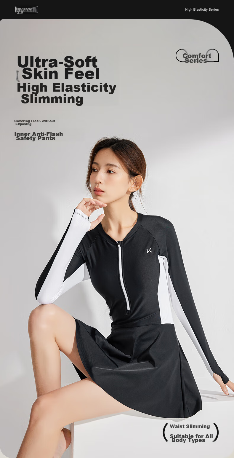Keep Women's Long-Sleeve Professional One-Piece Swimsuit, Plus Size, Conservative Swimwear for Hot Springs, Soft Black-Gray, XXL 1