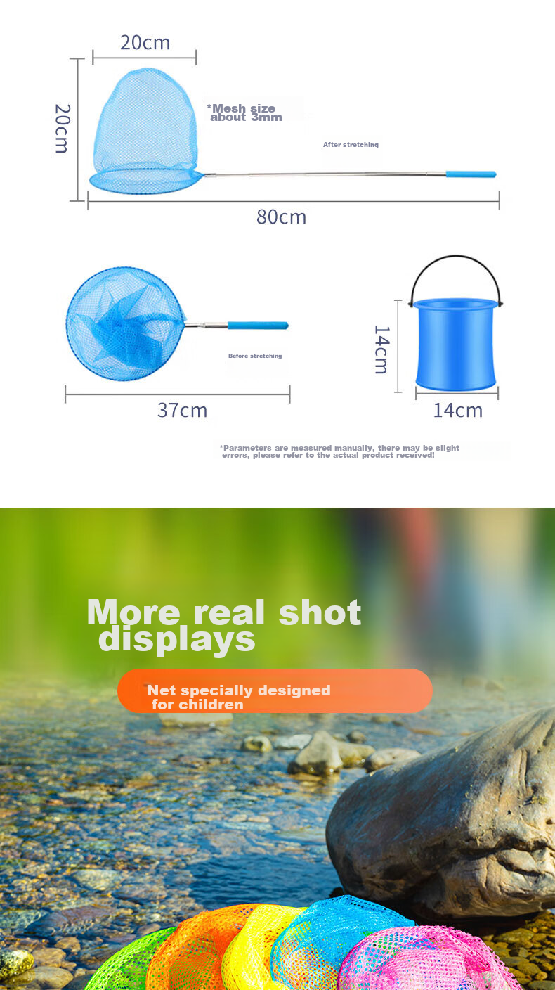 Grsaed Children's Fishing Net Set with Stainless Steel Telescopic Handle, Small Fish Catching Net, Dragonfly Insect Catching Net, Foldable Fishing Net, Water Bucket Fishing Tackle 9