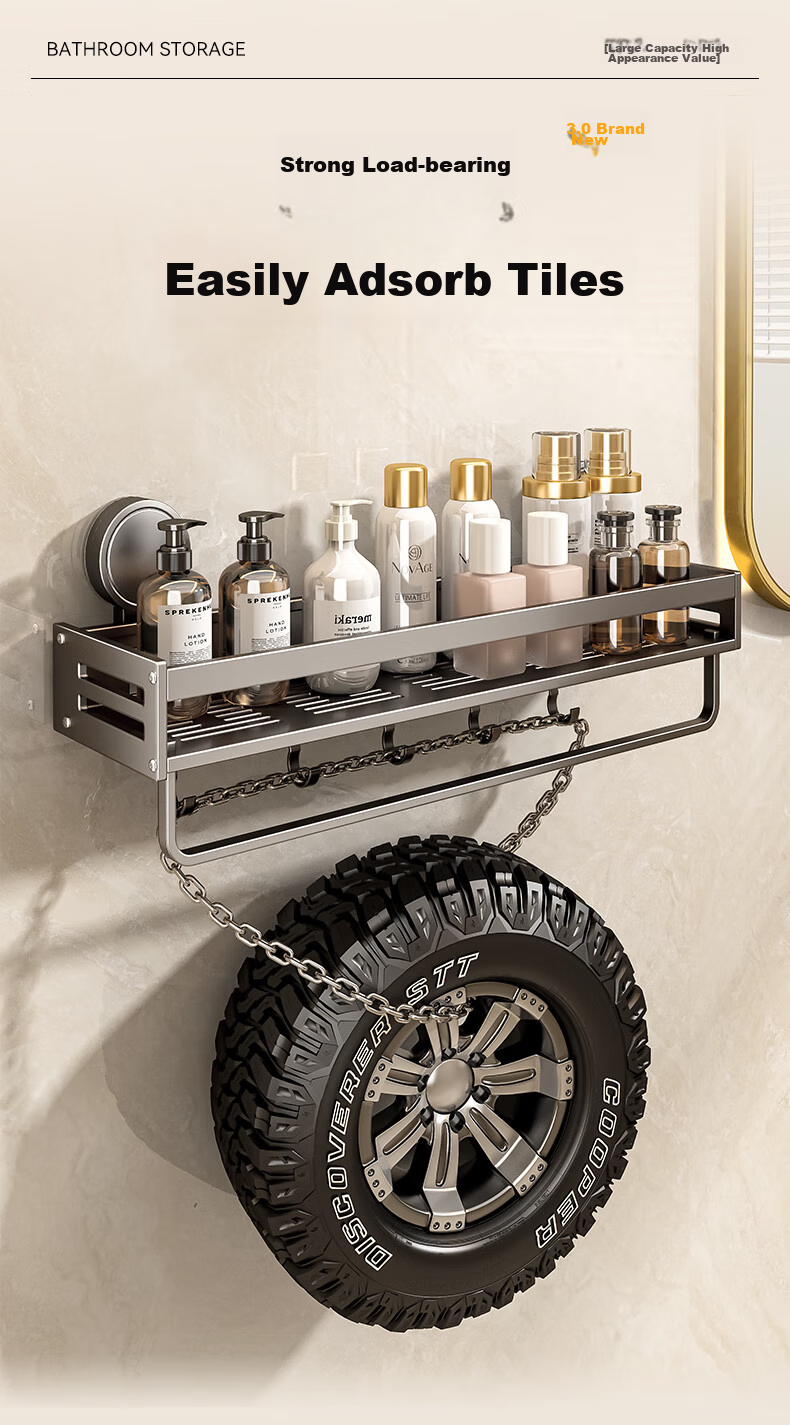 Baihan Bathroom Suction Cup Storage Rack, Wall-Mounted Toilet Towel Holder without Drilling, Washroom Vanity Organizer Shelf 13