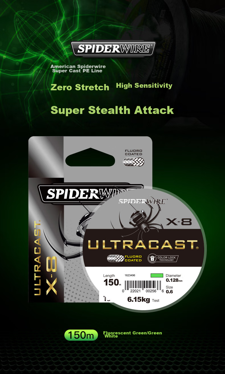 SPIDER WIRE Super PE Fishing Line, 8-Strand Long-Casting Main Line, Power Braid Fishing Line, Size 1.2, 150 Meters, Fluorescent Gree 1