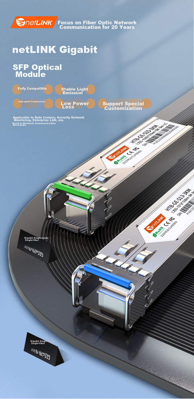 NetLINK SFP Gigabit Optical Module, 1.25G Single-Mode Single-Fiber A+ B+, 3km LC, Suitable for Domestic Equipment, One Pair, HTB-GE 1