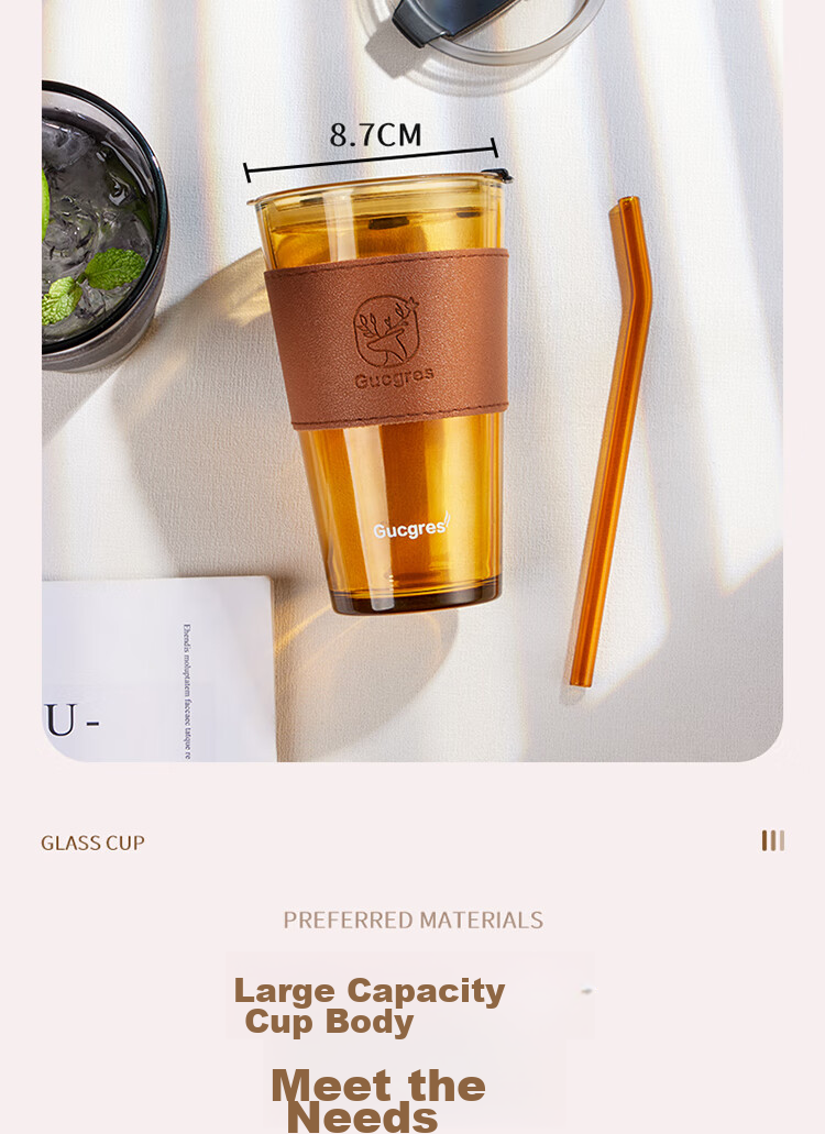 BJ Glass Water Cup, Bamboo Joint Cup with Straw, Water Cup with Lid, Coffee Mug, Gift Glass Beverage Cup, 450ML 10