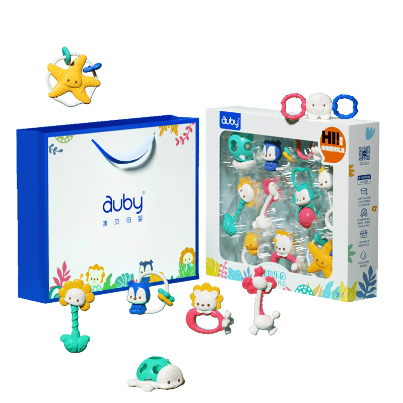 Auby Rattle Gift Box for 0-1 Year Old Infants, Newborn Toy Set with Teether, 0-6 Months Soothing Gift for Full Moon Celebratio