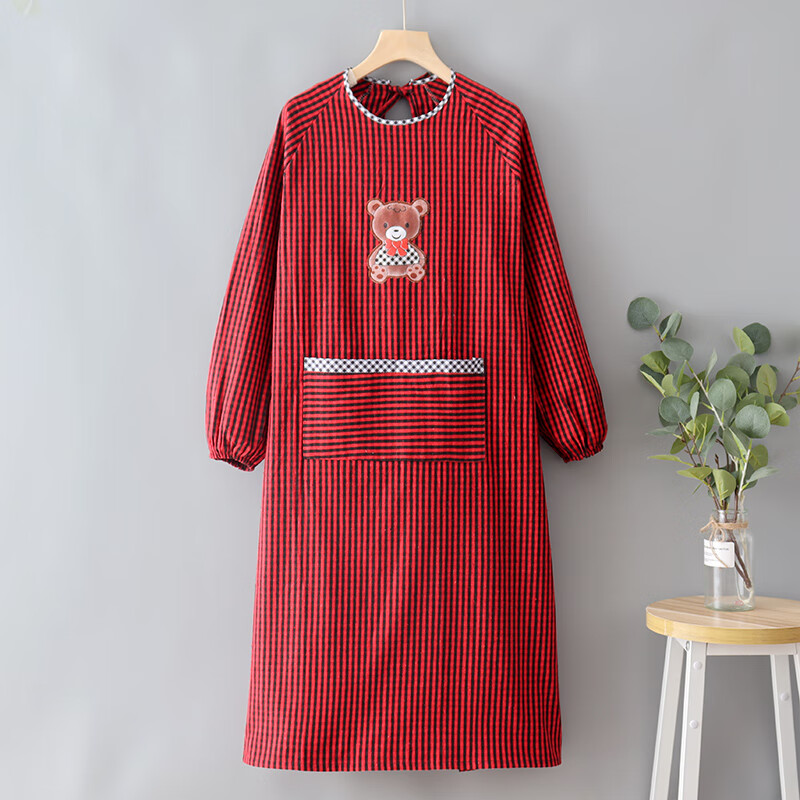 Minggu Long Sleeve Apron Cotton Coarse Cloth Reversible Work Apron Red Mixed Plaid Length 118CM CW667350 1