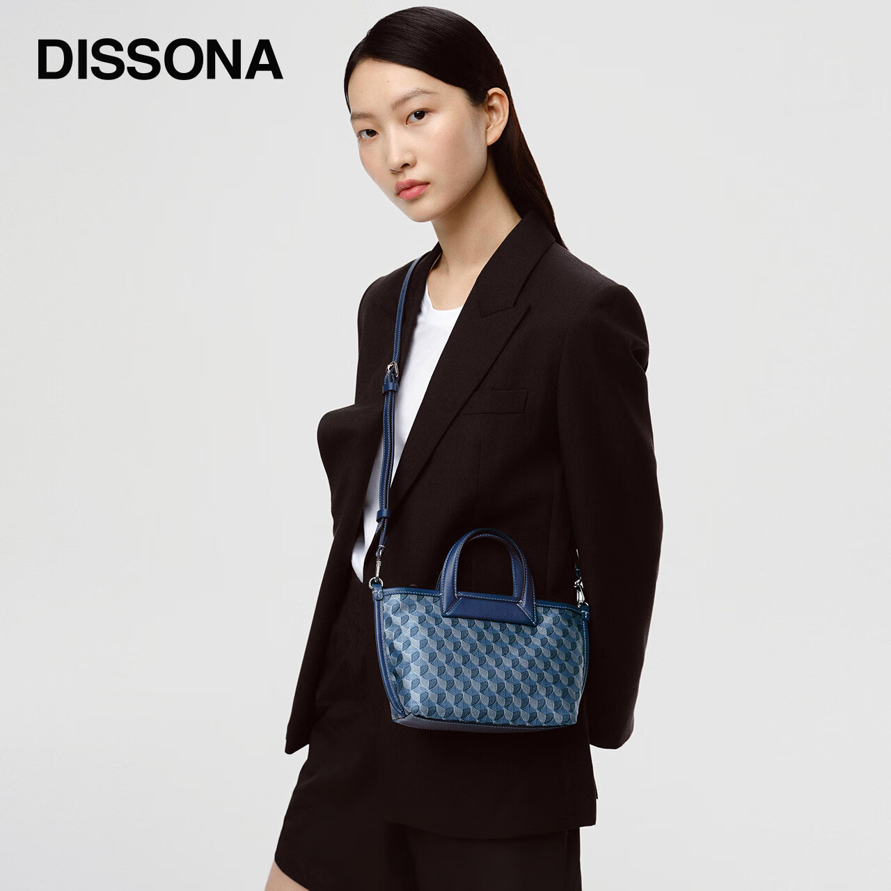 DISSONA Foldable Ear Bag, Women's Handbag, Lucky Coin Purse, Monogram Shoulder Bag, Tote Bag, Small Size, Denim Color