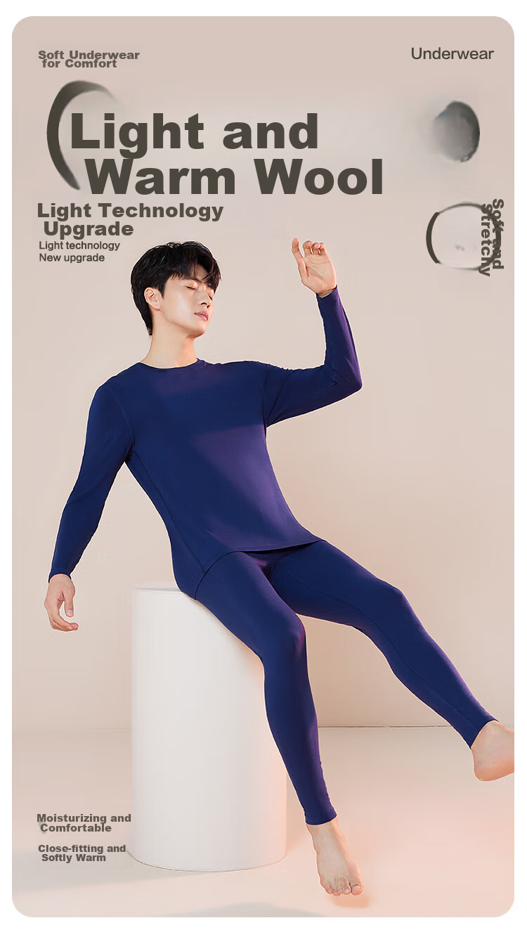 Hodo Men's Underwear with Wool, Thin Warm Base Layer, Round Neck Soft Undershirt Set, Dark Gray 2