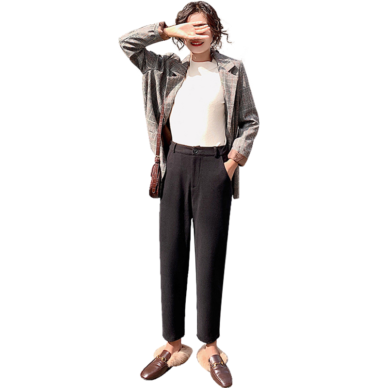 Langsha Women's Woolen Autumn Winter Straight-leg Harem Cropped Carrot Pants Loose Casual Trousers