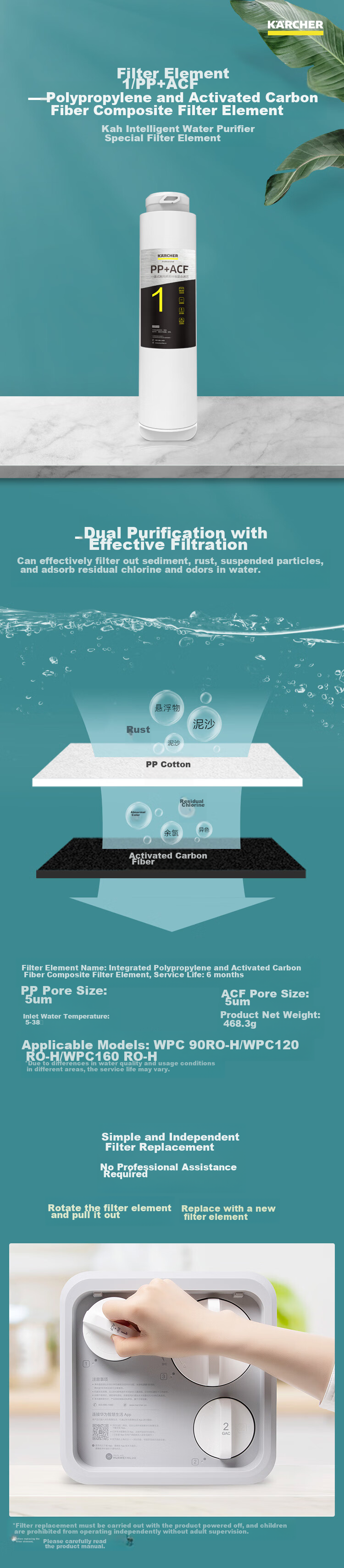 KARCHER German Under-Sink RO Reverse Osmosis Water Purifier for Home Use, Compatible with HUAWEI HiLink, GAC Granular Activated Carbon Filter Cartridge WPCRO-H Series 3