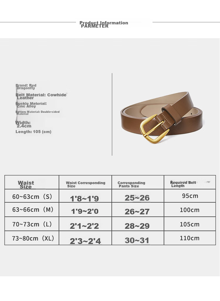 RED DRAGONFLY Leather Women's Casual Versatile Belt with Pin Buckle, No Drilling Required, Birthday Gift for Girlfriend Or Wife, Comes with Gift Box 18