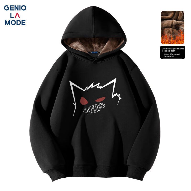 GENIOLAMODE Fleece-Lined Sweatshirt for Men, Winter Thick Warm Casual Loose Hoodie Pullover Trendy for Teenagers, Black, Size L