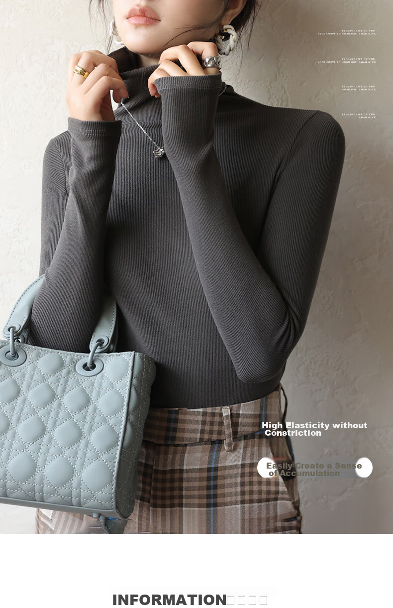 LangSha, De Rong Base Shirt, Ruched Turtleneck, Striped Inner Layer, Long-Sleeve Solid Color Autumn Shirt, Slim-Fit High-Elastic Base Underwear for Wome 3