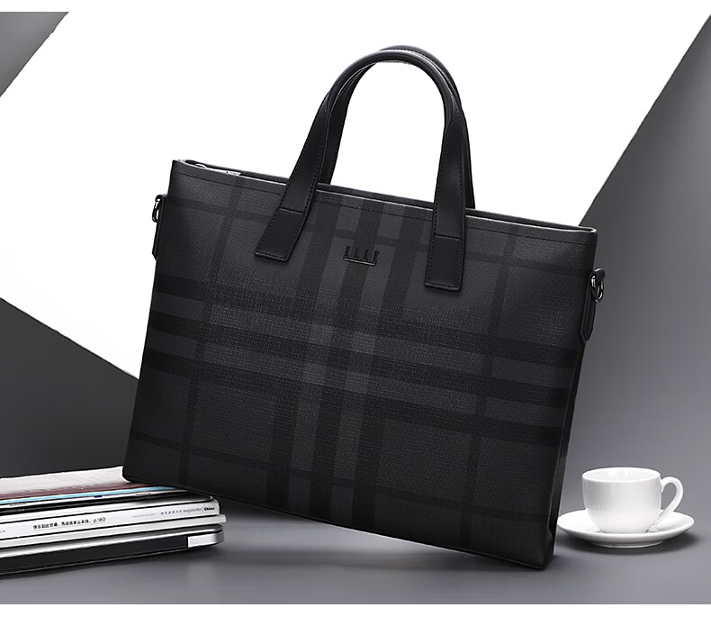 ELLE HOMME Men's Briefcase, Fashionable Striped Contrasting Color Handbag, Large Capacity PVC with Leather Shoulder Crossbody Bag, 14-Inch Laptop Bag EA188211211 Black And Gray 2