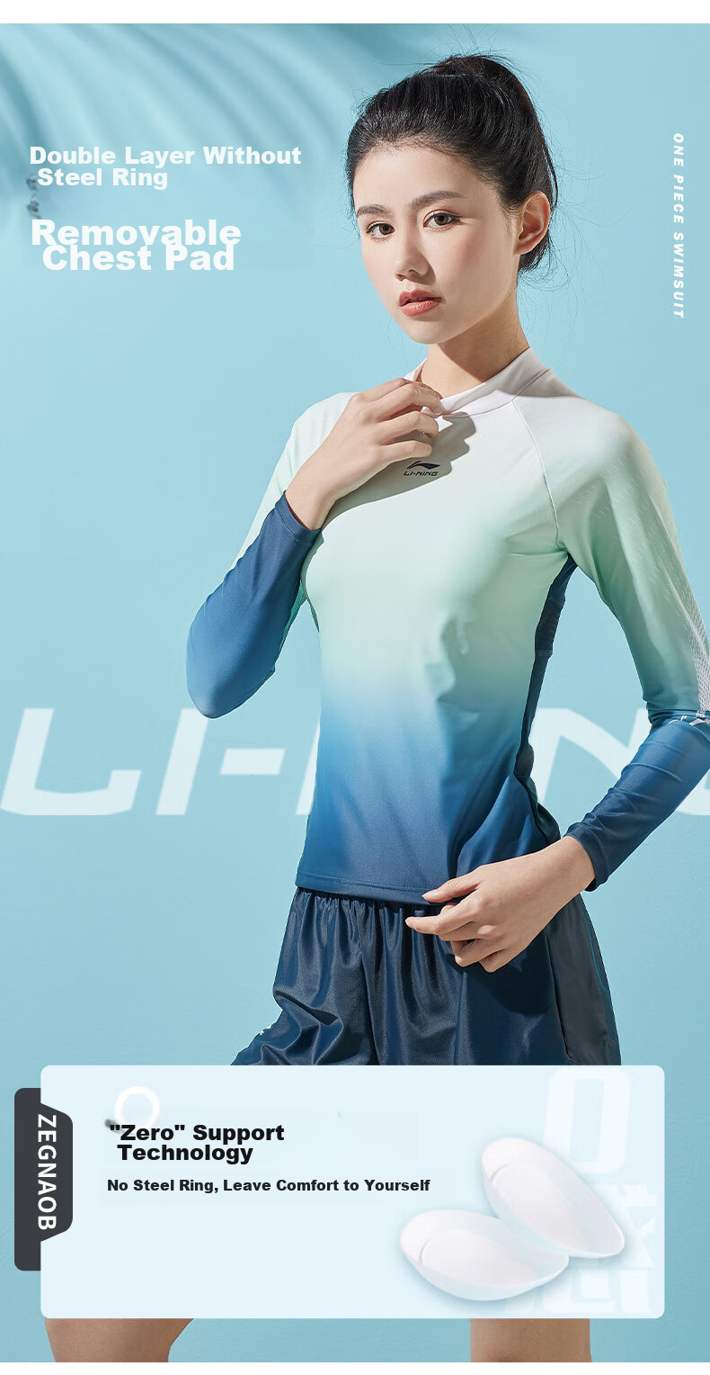 Li-Ning Women's Swimsuit, Sports Casual Two-Piece Swimwear, Fashionable Color-Block Long-Sleeve Hot Spring Resort Swimwear, 072 Blue Pink, 3XL 6