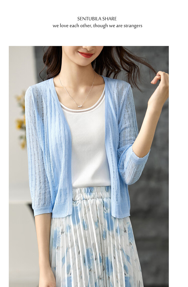 Sentubila Summer Thin Knit Cardigan for Women, V-Neck Three-Quarter Sleeve Outer Layer Air Conditioning Sweater, White, One Size Fits All 15
