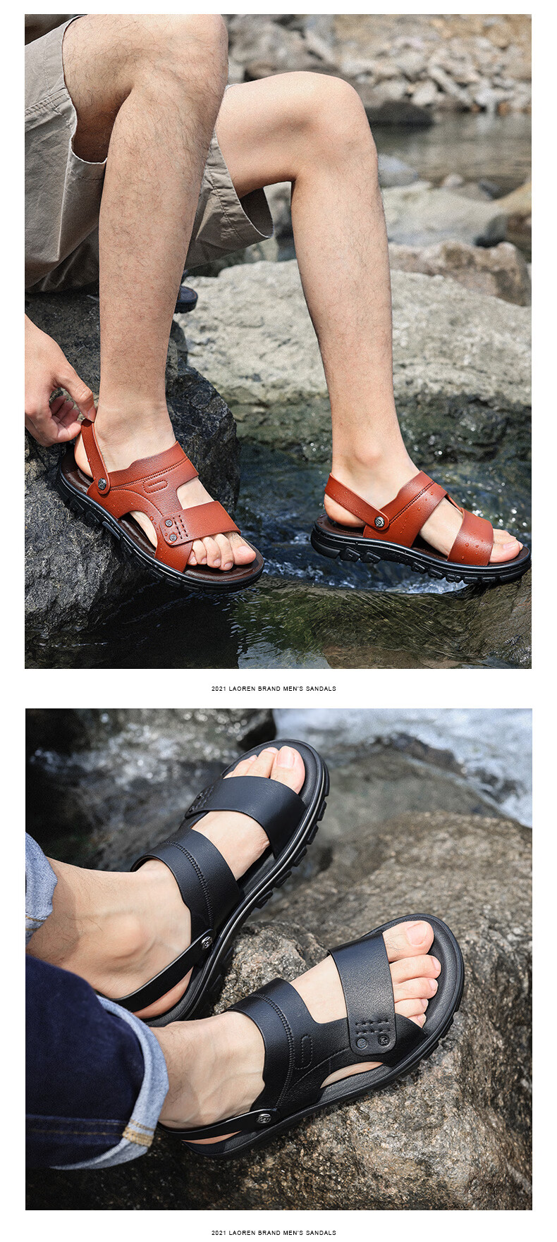 LAORENTOU Men's Beach Sandals Summer Breathable First Layer Cowhide Massage Sole Slippers Outdoor Casual Shoes LT12031 Black Size 40 4
