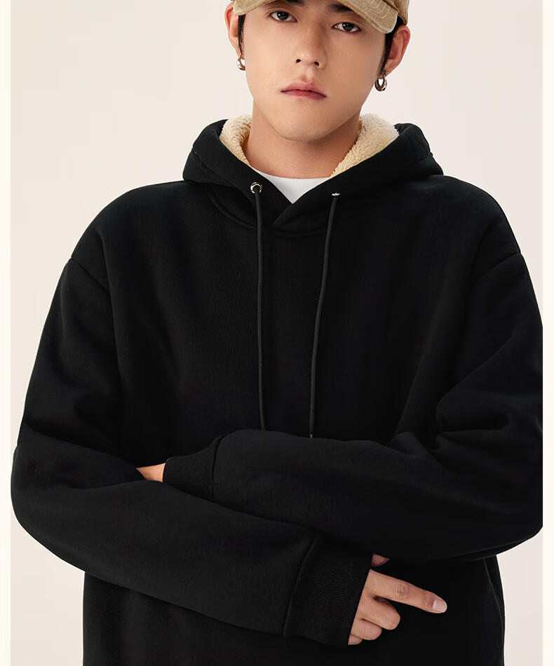 MINISO Thickened Lamb Fleece Hoodie Men's Winter Cold-Resistant Warm Heavyweight Versatile Pullover Light Beige XL 37