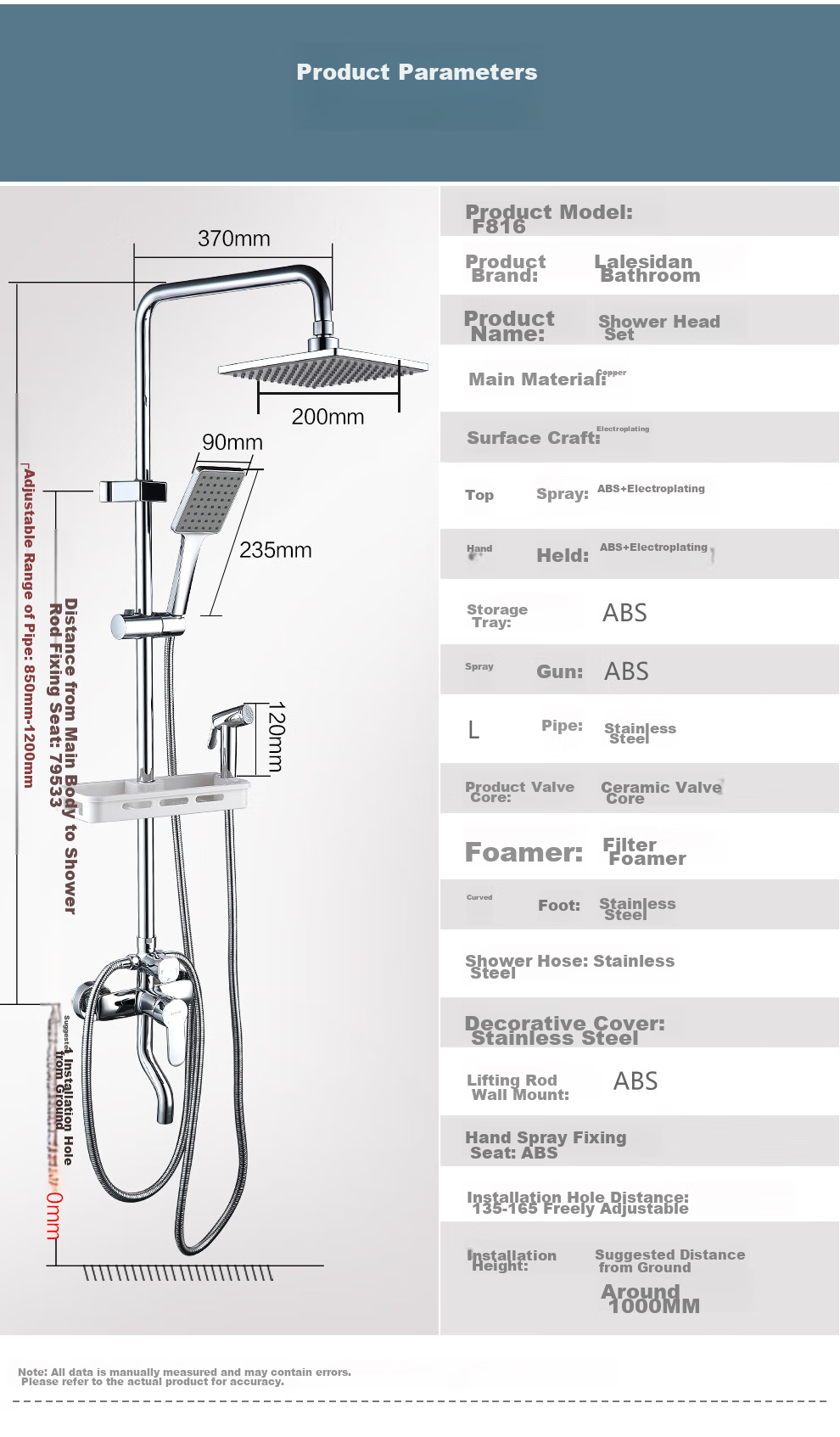 Larsd Shower Head Set, Square Spray Gun Shower Head, Silver Shower Faucet, High-Pressure Shower Head Complete Set F816 21