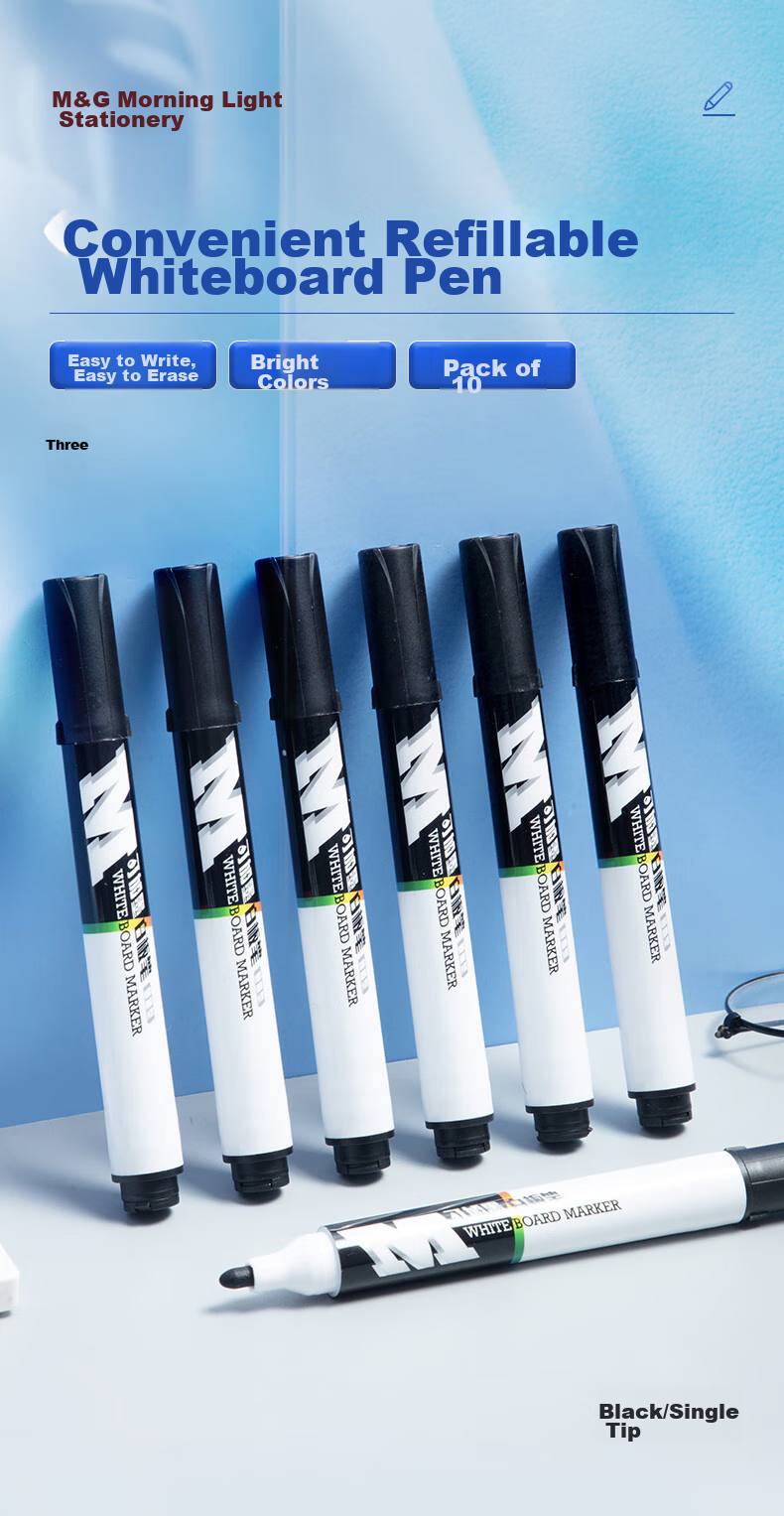 M&G Stationery Erasable Whiteboard Markers Easy to Erase D10 Value Edition Single-Tip Office Meeting Pen Refillable Black 10 Pcs/box AWMY2201 2