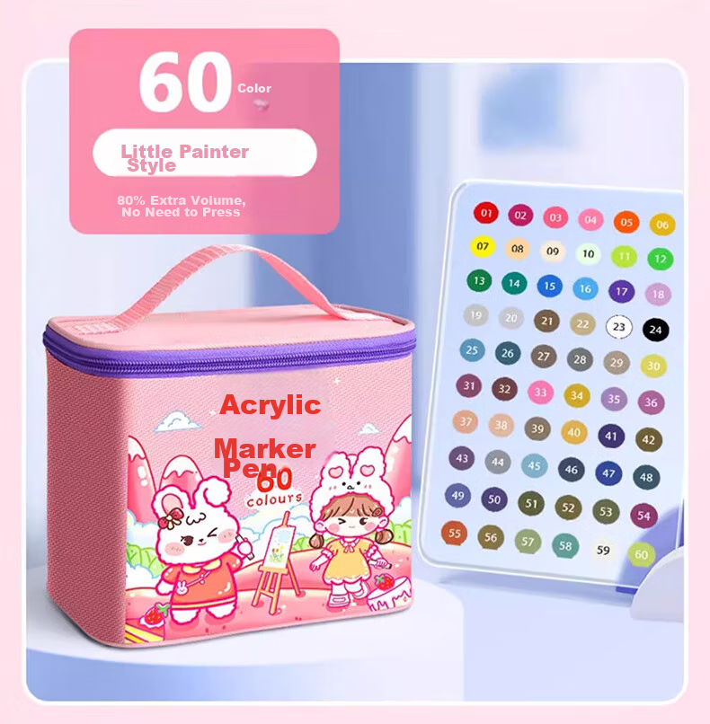 Shuxing 60-Color Acrylic Markers for Children, Non-Bleeding Watercolor Pens, Stackable Colors, Heart-Shaped Design for Elementary School Students, Art-Specific 24/36/48 Color Paint Brushes, Brite Turquoise Set Water-Based 24