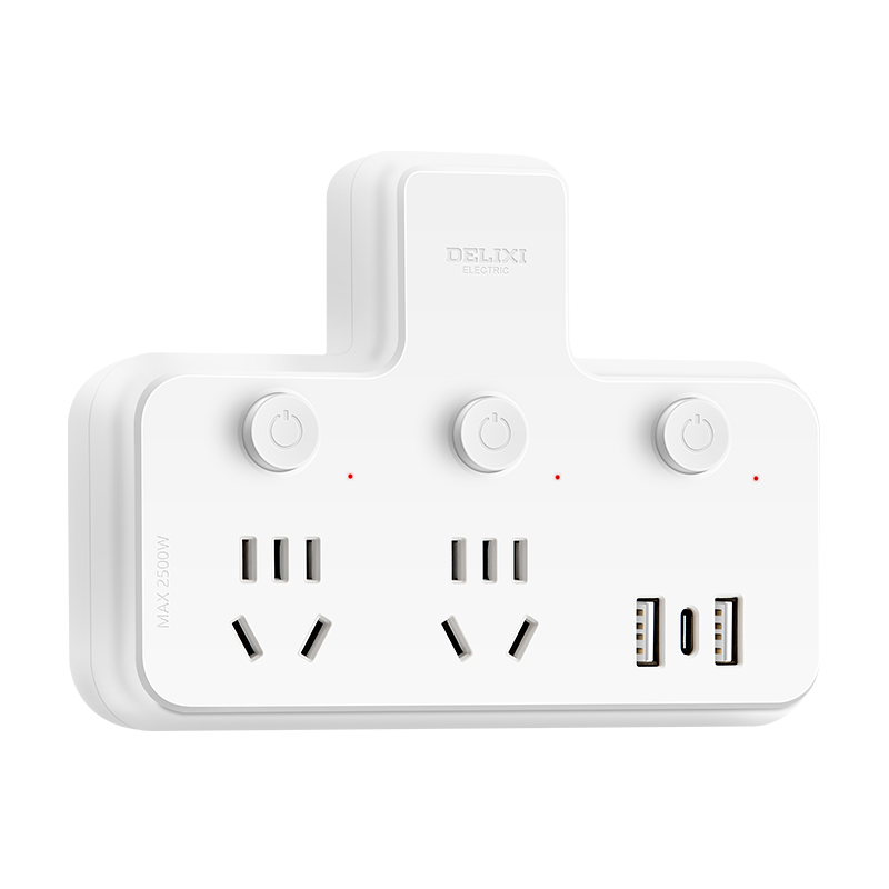 DELIXI Adapter Plug/Three-Way Triangle Socket/Wireless Adapter Socket/Power Converter/Power Strip/Extension Cord with 2 USB + TYPE-C Ports And Individual Switches
