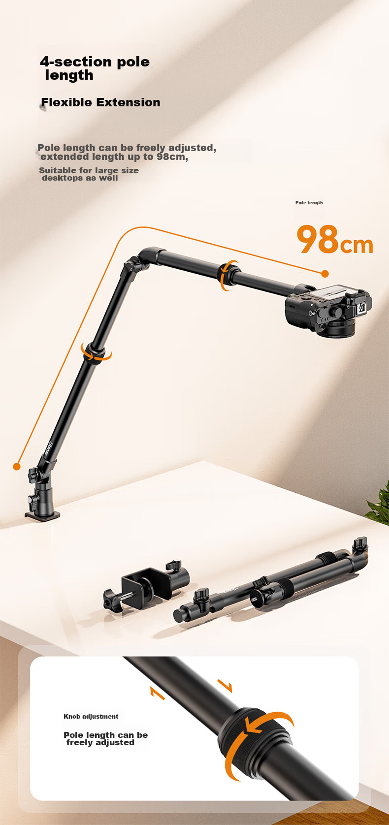 Ulanzi ZJ02 C-Type Clamp Desktop Camera Folding Telescopic Shooting Stand, Multi-Angle Overhead Shooting Stand, Microphone Stand, 360° Gimbal Camera Stand for DSLR And Mirrorless Cameras 5