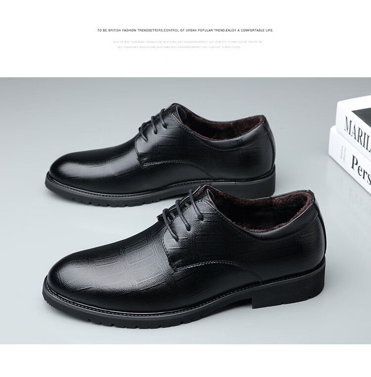 BEIOUTU Fleece-Lined Warm Leather Dress Shoes Fashion Lace-Up Business Casual Low-Top Cotton Shoes for Men 17818 Black Size 44 2
