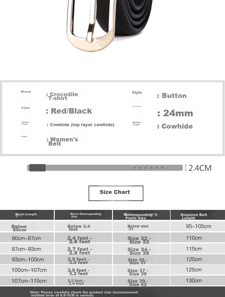 CROCODILE Zodiac Year Top-Grain Leather Women's Belt, Casual Pin Buckle Belt, Birthday Gift for Girlfriend, 11609 Red 7